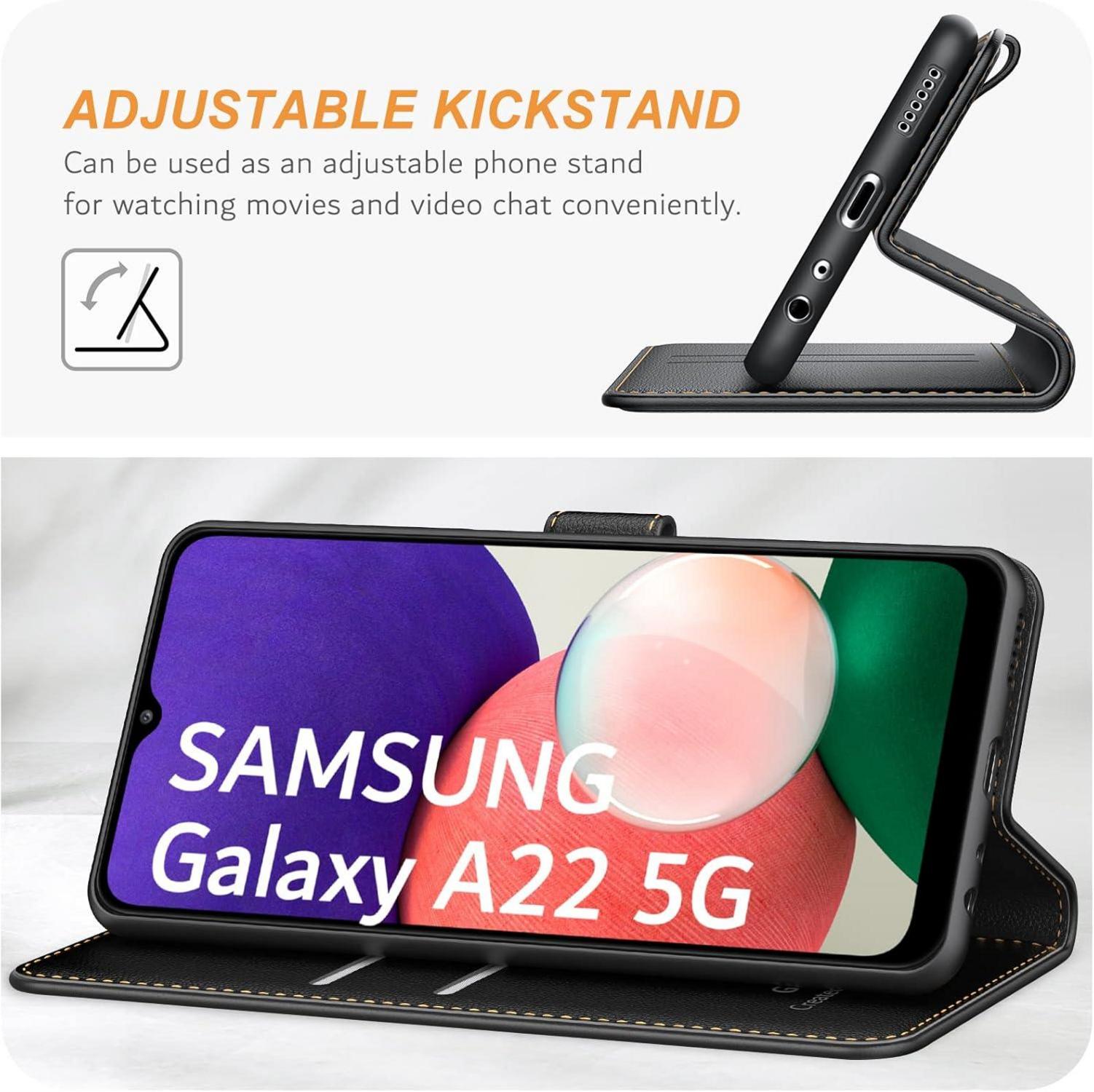 Samsung Galaxy A22 5G Leder Handyhülle Schwarz Flipcase Standfunktion
