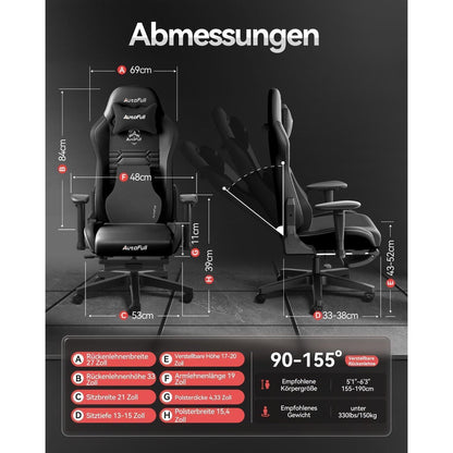 AutoFull Gaming Stuhl ergonomisch Gamer PU-Leder Schwarz
