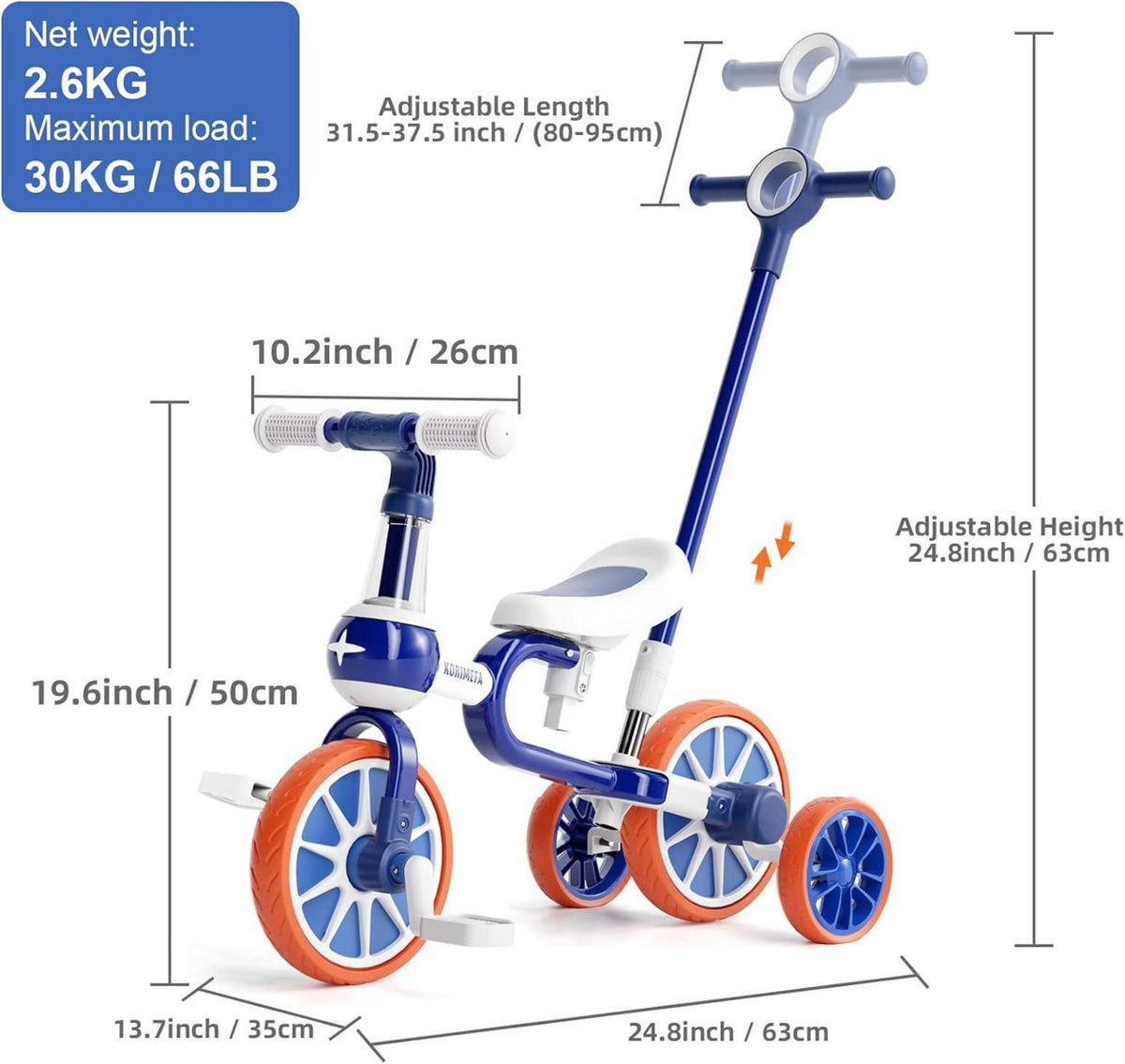 Kinder Laufrad 4 in 1 Tricycle Lauffahrrad ab 1-4 Jahre Blau Push-Lenker