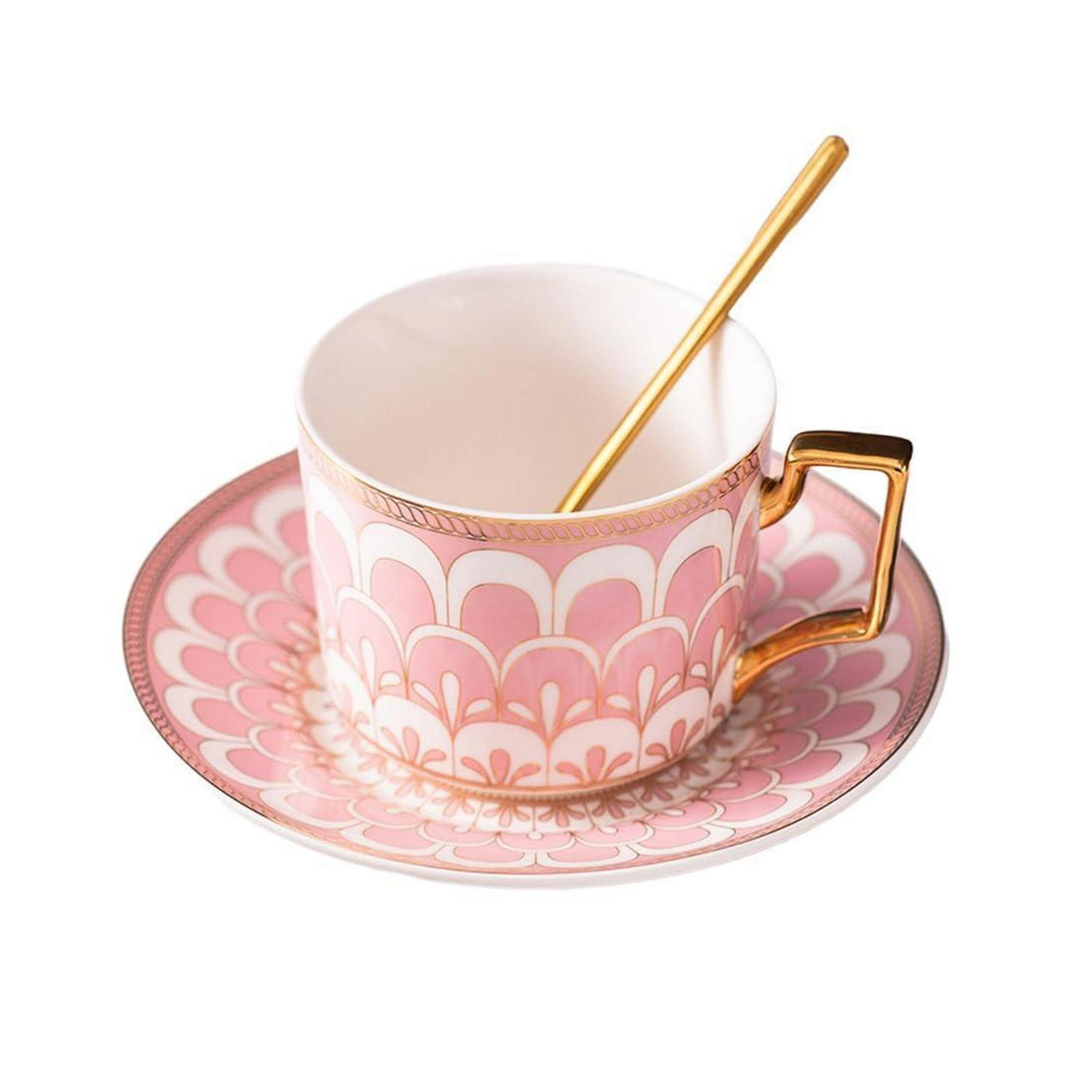 Europäisches Teetassen-Set mit Untertasse und Löffel (Rosa)