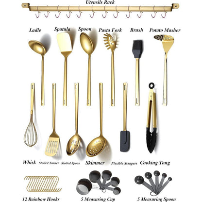 37-teiliges Küchenutensilien Set Gold Edelstahl mit Halter