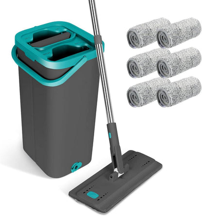 Wischtuch Set mit Eimer und 6 Mikrofaser-Pads, 360° drehbarer