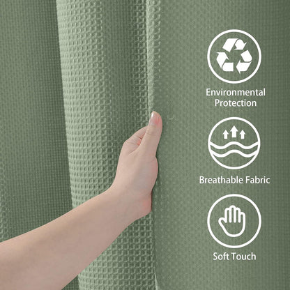 Waffel Duschvorhang Stoff Textil Wasserdicht Bad Vorhang Set Grün 92x182cm