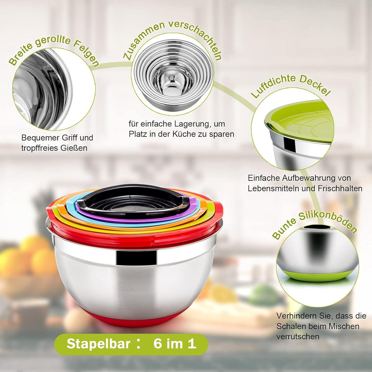 Edelstahl Rührschüssel Salatschüssel 6er Set Luftdicht Stapelbar 4.6L