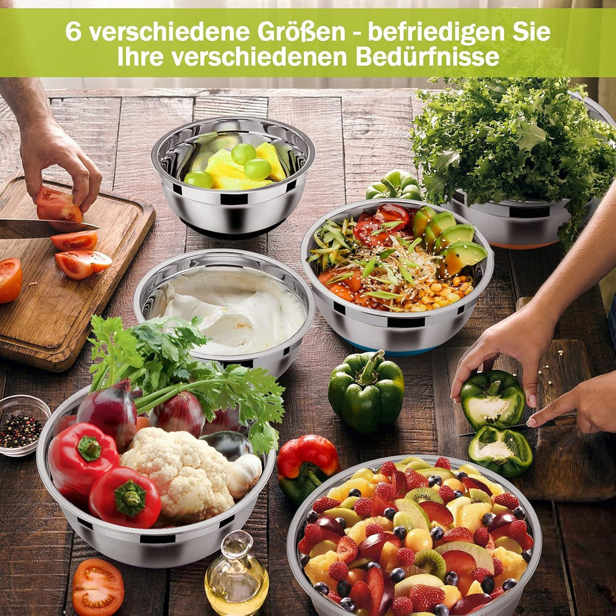 Edelstahl Rührschüssel Set Salatschüssel 6er mit Luftdichtem Deckel 4.6L 2.8L