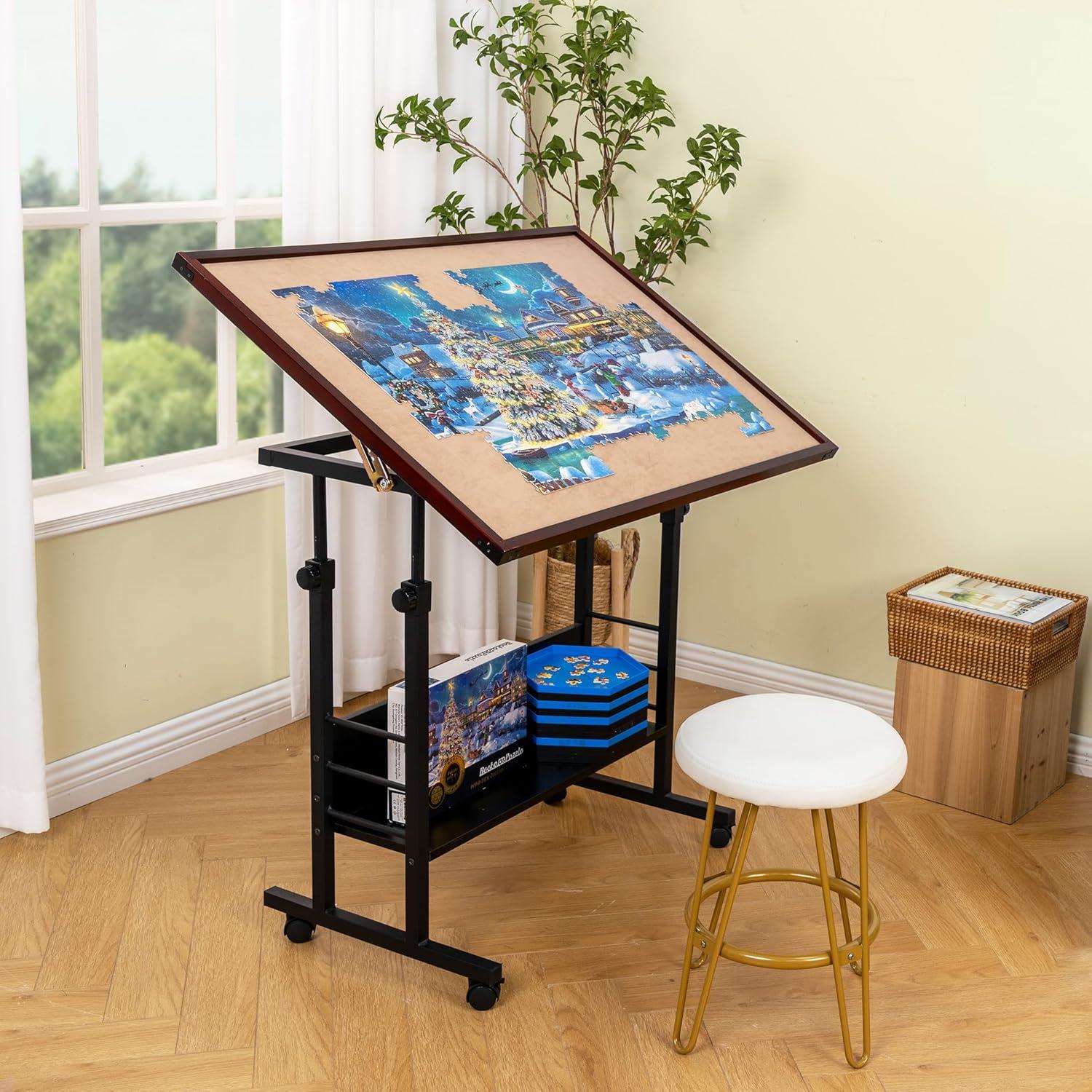 Becko Jigsaw Puzzle Table Board with Cover & Wheels - Brown