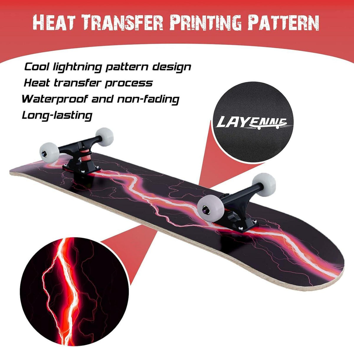 Skateboard 31 x 8 Zoll Blitzmuster 8-lagiges Ahornbrett ABEC-11 Lager 150 kg Tragfähigkeit