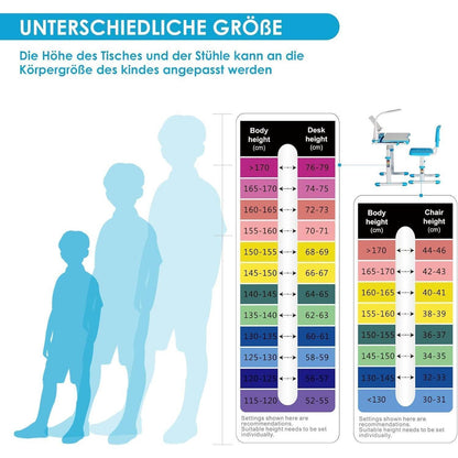 Kinderschreibtisch höhenverstellbar mit Lampe und Stuhl Grau