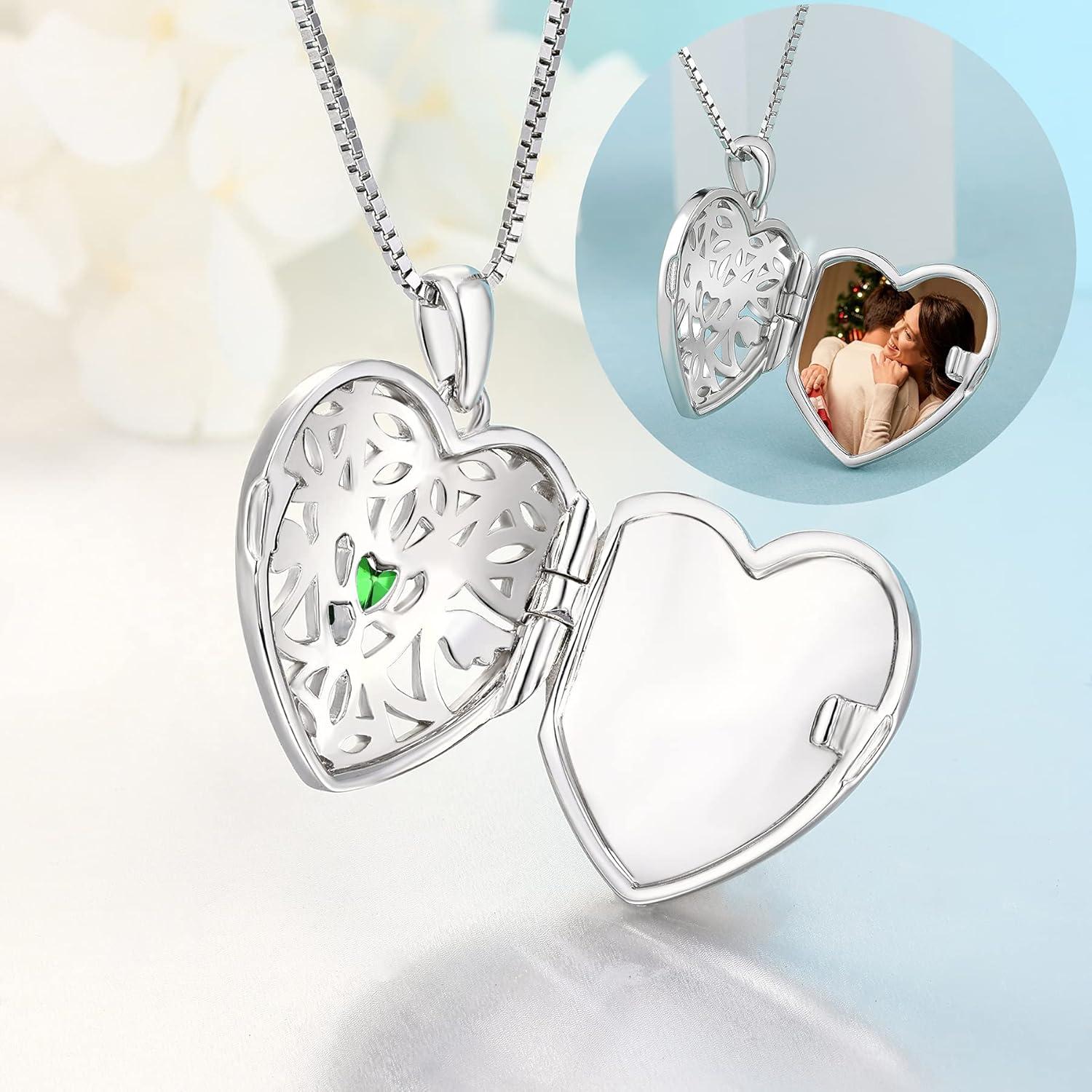 FJ Herz Foto Medaillon Anhänger Kette 925 Silber Geburtsstein Zirkonia - Smaragd