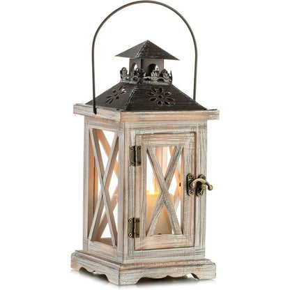 Landhaus Laterne 28cm Holz Glas Vintage Deko Garten