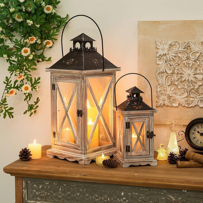 Landhaus Laterne 28cm Holz Glas Vintage Deko Garten