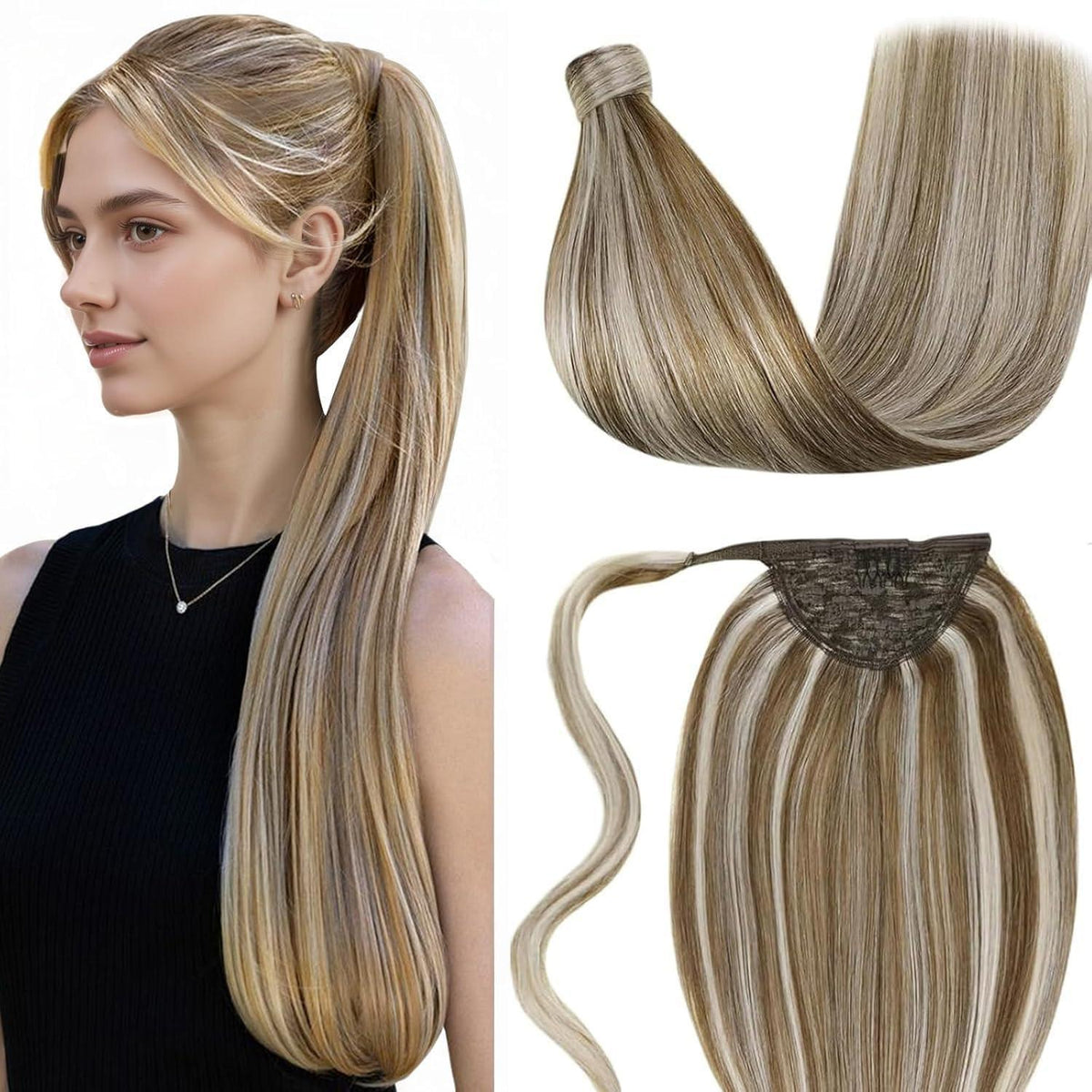 Echthaar Pferdeschwanz Extension Braun Highlights 35cm