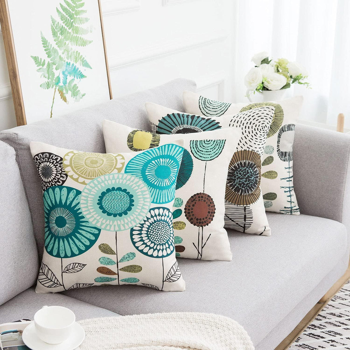 4er Set Kissenbezüge 45x45 blau abstrakt Blumen Vintage Leinen