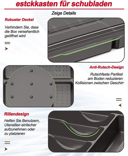 HIMAugbo Besteckbox mit Deckel für Camping & Reisen, 5 Fächer, Schwarz