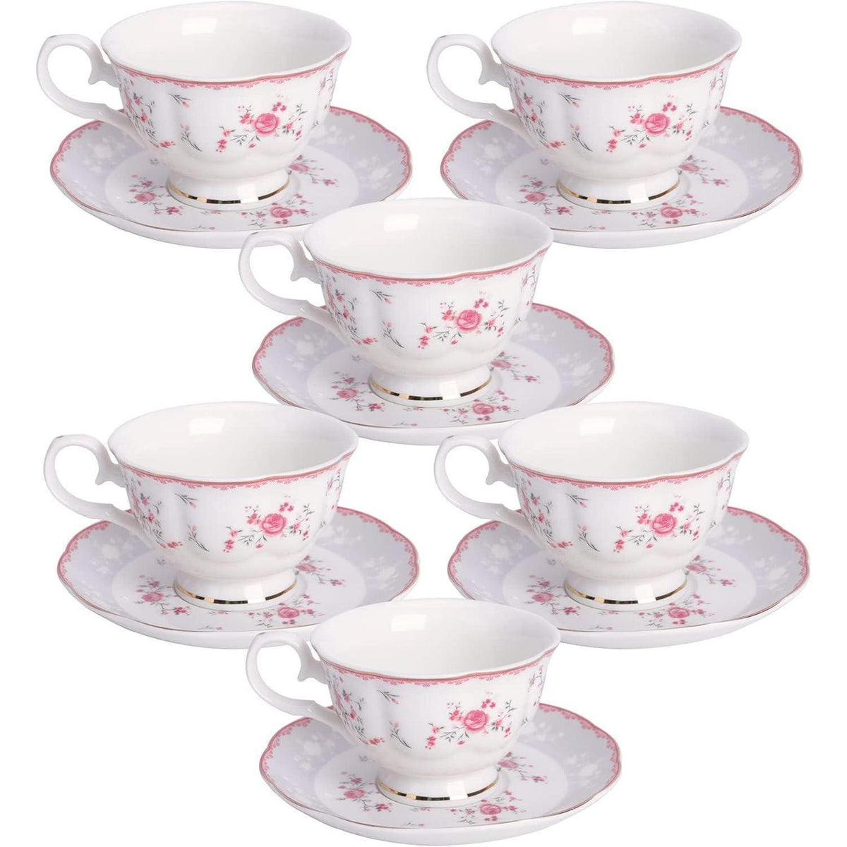 Tassen- & Untertassenset Rosa Rose Vintage Porzellan 6er Set 150ml