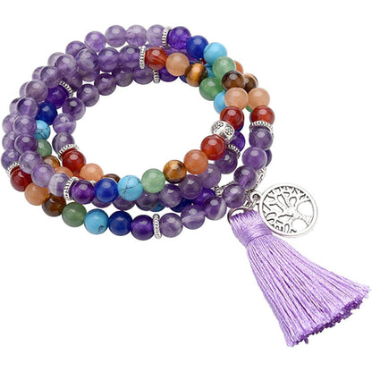 7 Chakra Edelstein Mala Kette mit Amethyst Anhänger