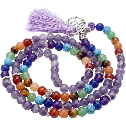 7 Chakra Edelstein Mala Kette mit Amethyst Anhänger