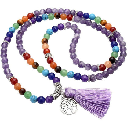 7 Chakra Edelstein Mala Kette mit Amethyst Anhänger
