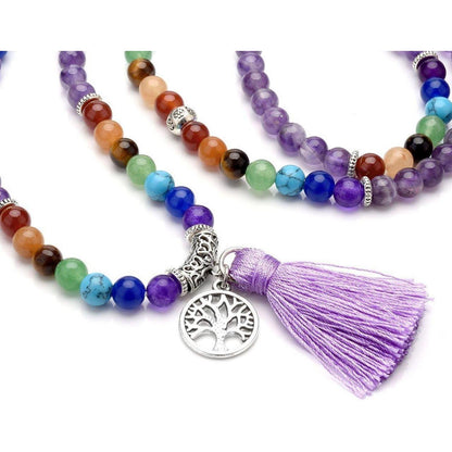 7 Chakra Edelstein Mala Kette mit Amethyst Anhänger