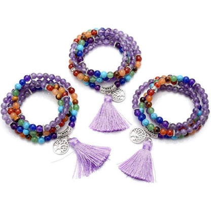 7 Chakra Edelstein Mala Kette mit Amethyst Anhänger