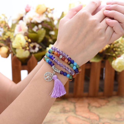 7 Chakra Edelstein Mala Kette mit Amethyst Anhänger