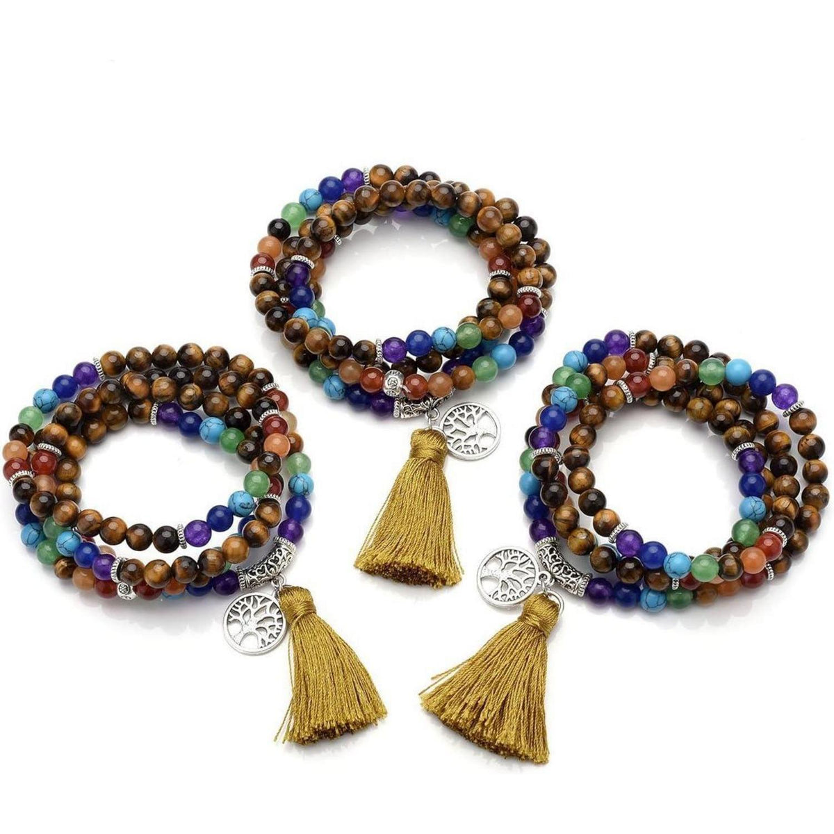 Mala Kette 7 Chakra Edelstein mit Lebensbaum Anhänger Tigerauge