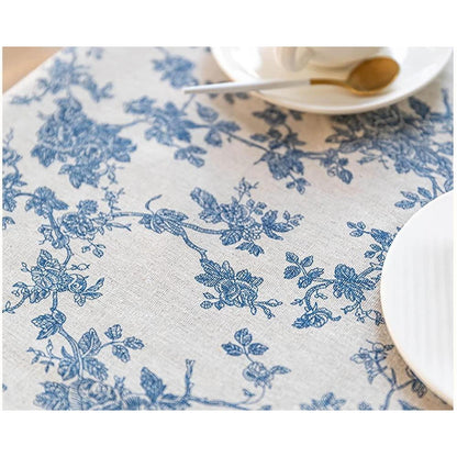 Blaue Baumwoll-Leinen Tischdecke 140x140 cm – Blumenmuster