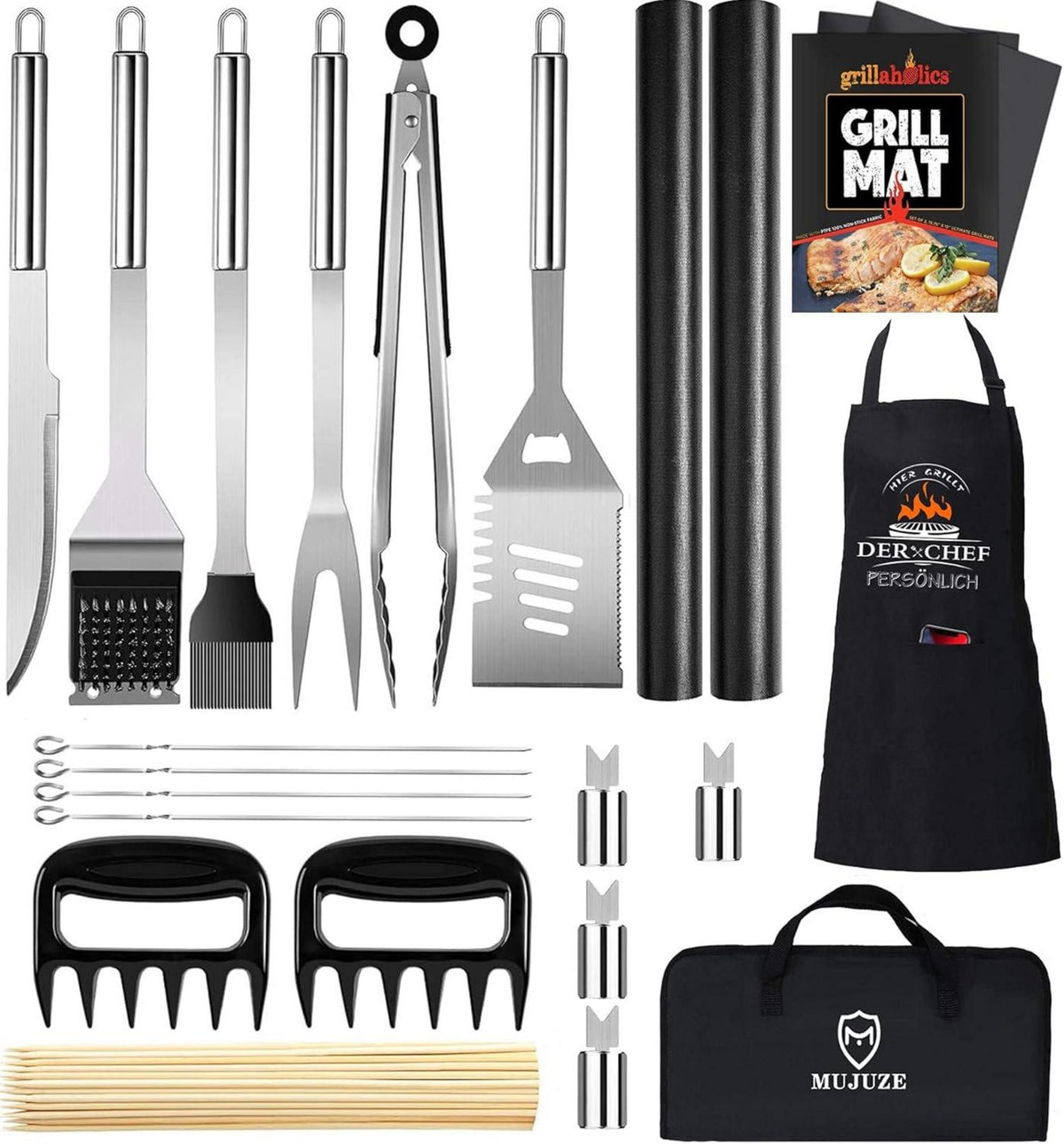 Grillbesteck Set Edelstahl für Männer BBQ Geschenk Set 21 Teile