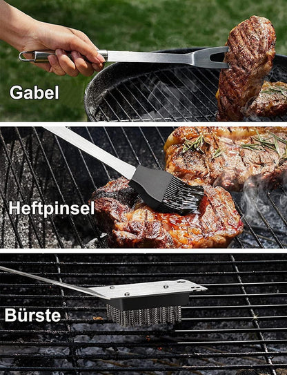 Grillbesteck Set Edelstahl 21-teilig mit Grillzange und Grillschürze