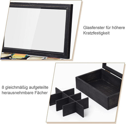 Teebox Massivholz schwarz 8 Fächer Sichtfenster 32.5x20x9.7cm