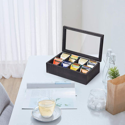 Teebox aus Massivholz schwarz mit 8 Fächern und Sichtfenster