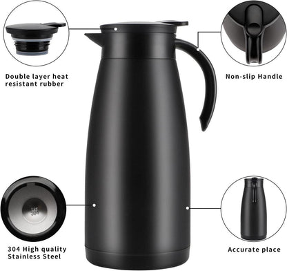 Isolierkanne 1,5L Edelstahl Vakuum Thermoskanne Kaffeekanne Tee Schwarz