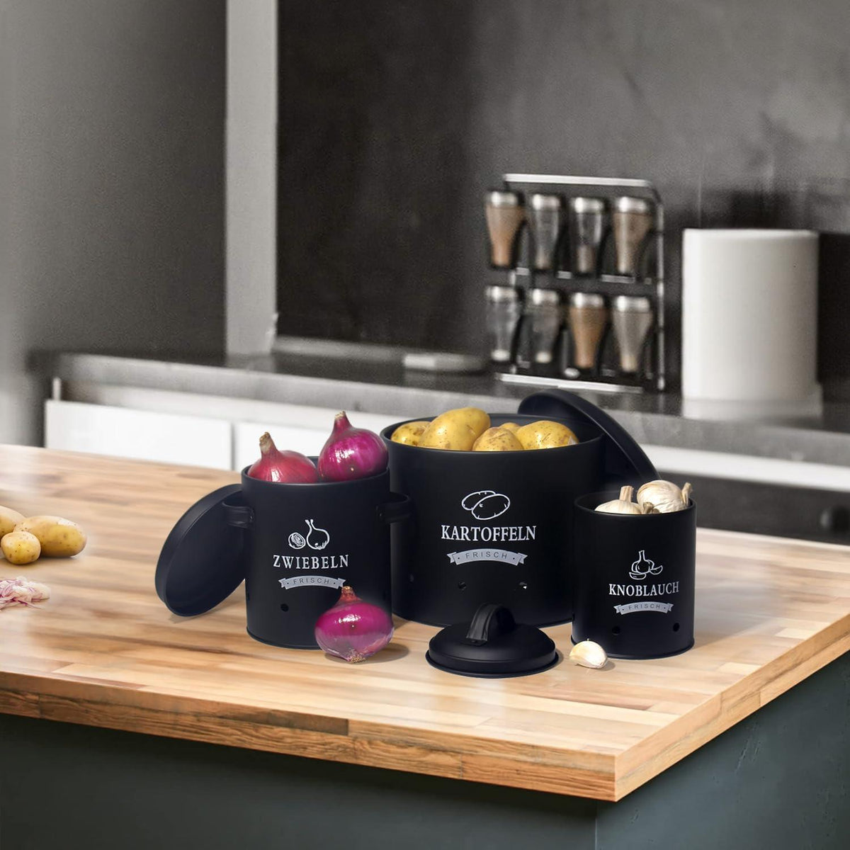 Theo&Cleo Kartoffel Zwiebel Knoblauch Vorratsdosen Set Metall Schwarz