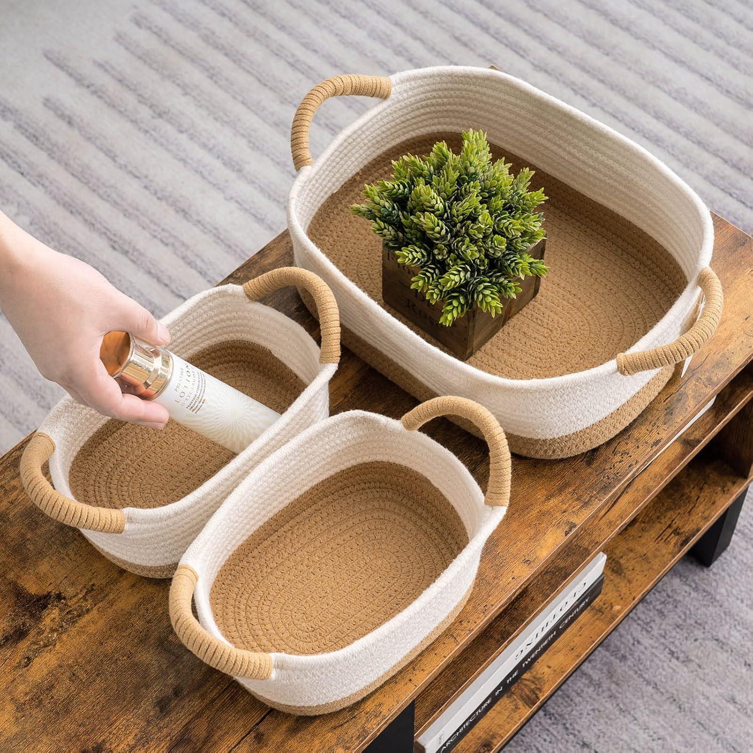 3er Set Baumwollseil Aufbewahrungskörbe Griff Badezimmer Kinderzimmer Braun