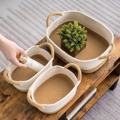 3er Set Baumwollseil Aufbewahrungskörbe Griff Badezimmer Kinderzimmer Braun
