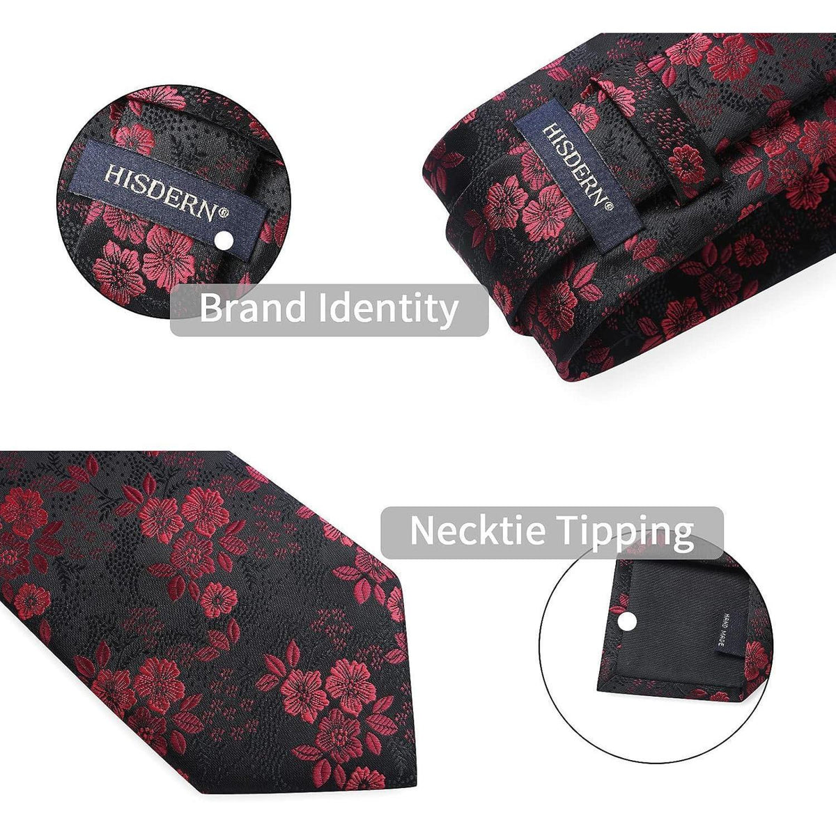 Krawatten-Set Seide mit Einstecktuch, floral, rot/schwarz