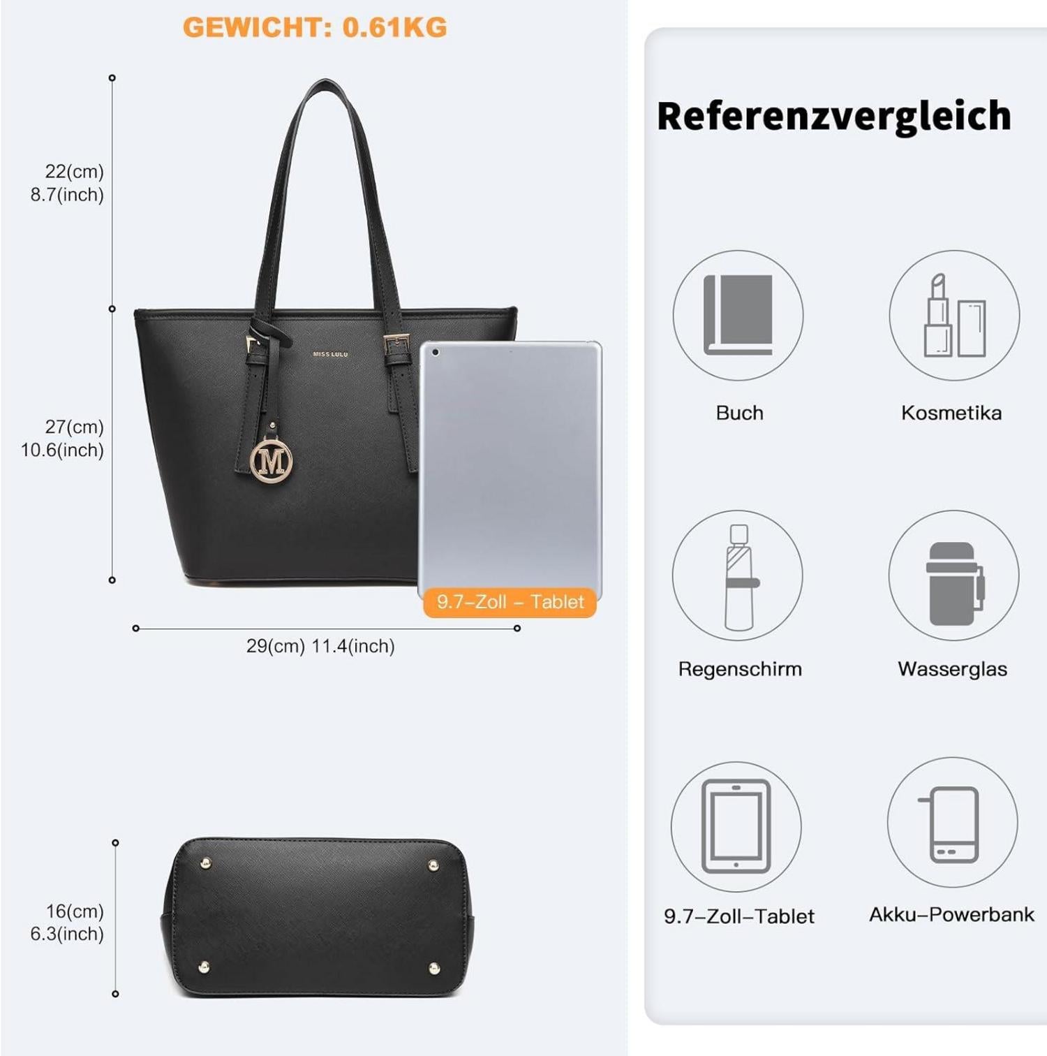 Damen Handtasche Shopper Groß Kunstleder Henkeltasche Schwarz
