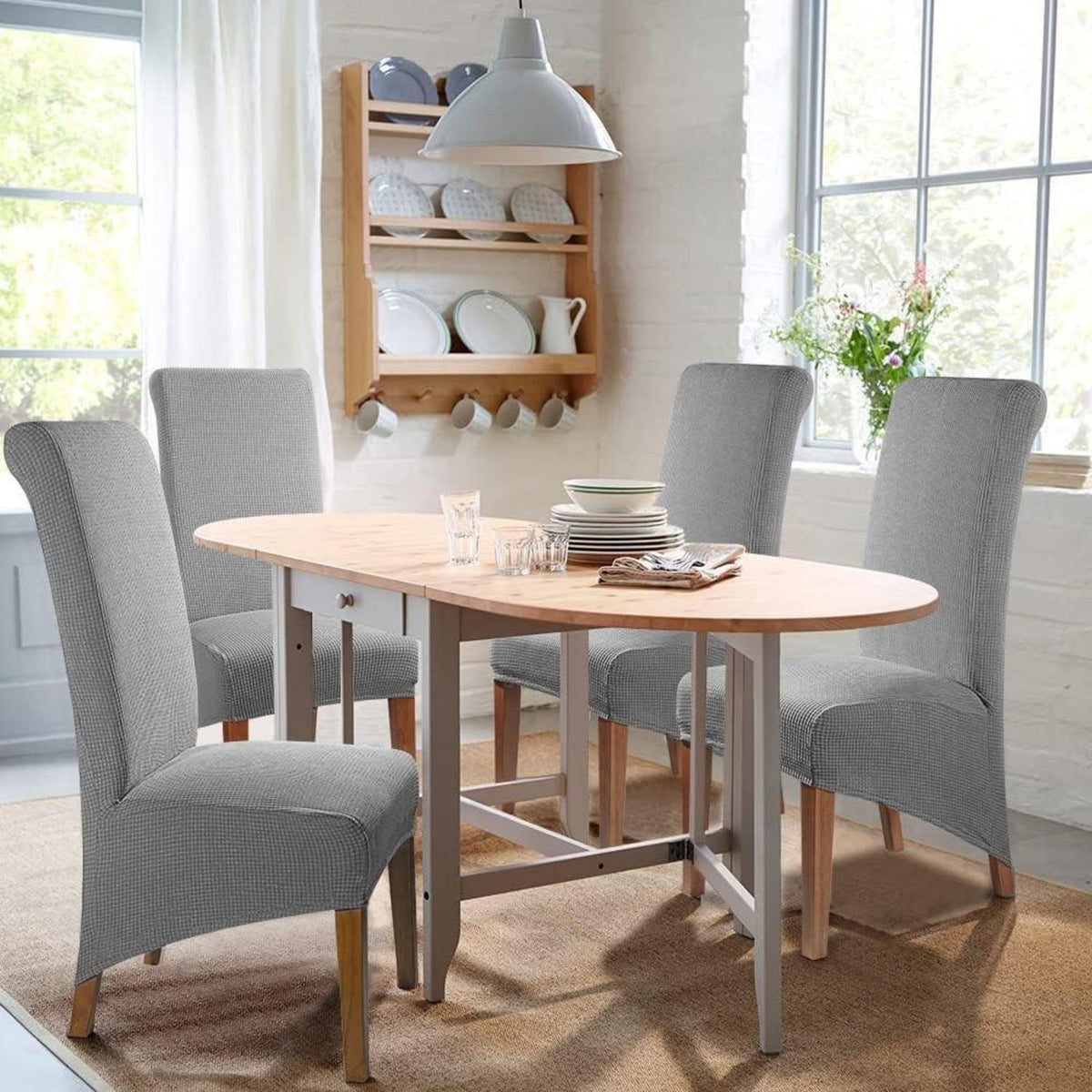 Stuhlhussen 4er Set Grau XL Stretch Jacquard für Esszimmerstühle