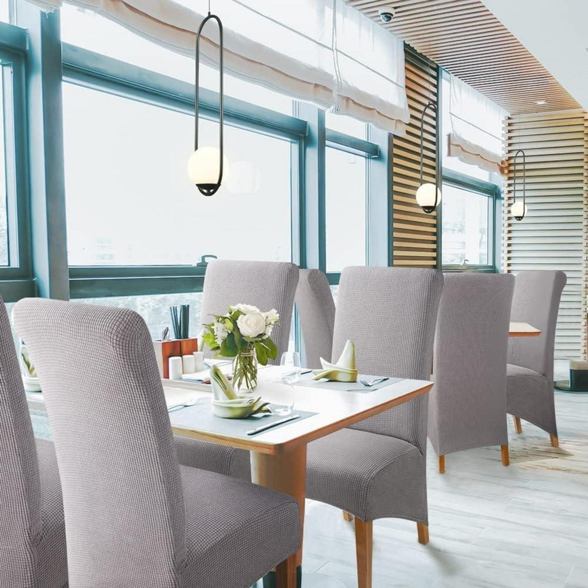 Stuhlhussen 4er Set Grau XL Stretch Jacquard für Esszimmerstühle