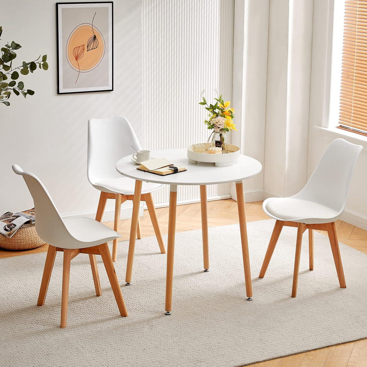 Skandinavischer Esstisch Set mit 4 Stühlen – Weiß & Buche