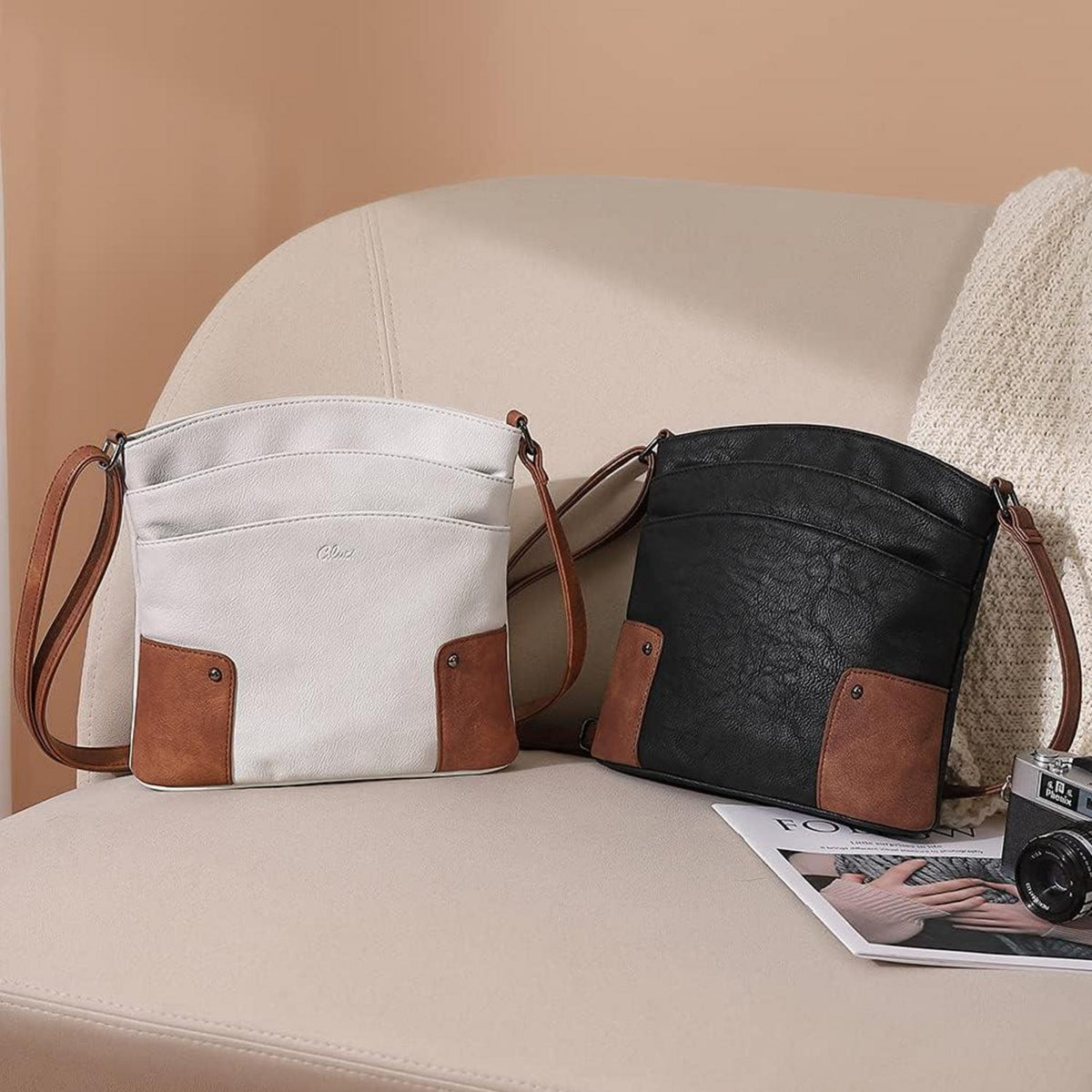 CLUCI Damen Umhängetasche Crossbody Clutch Beige Braun PU-Leder