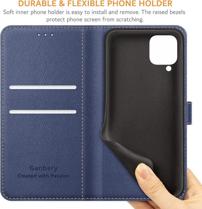 Samsung Galaxy A12/M12 Handyhülle Leder Tasche Blau Flipcase Standfunktion