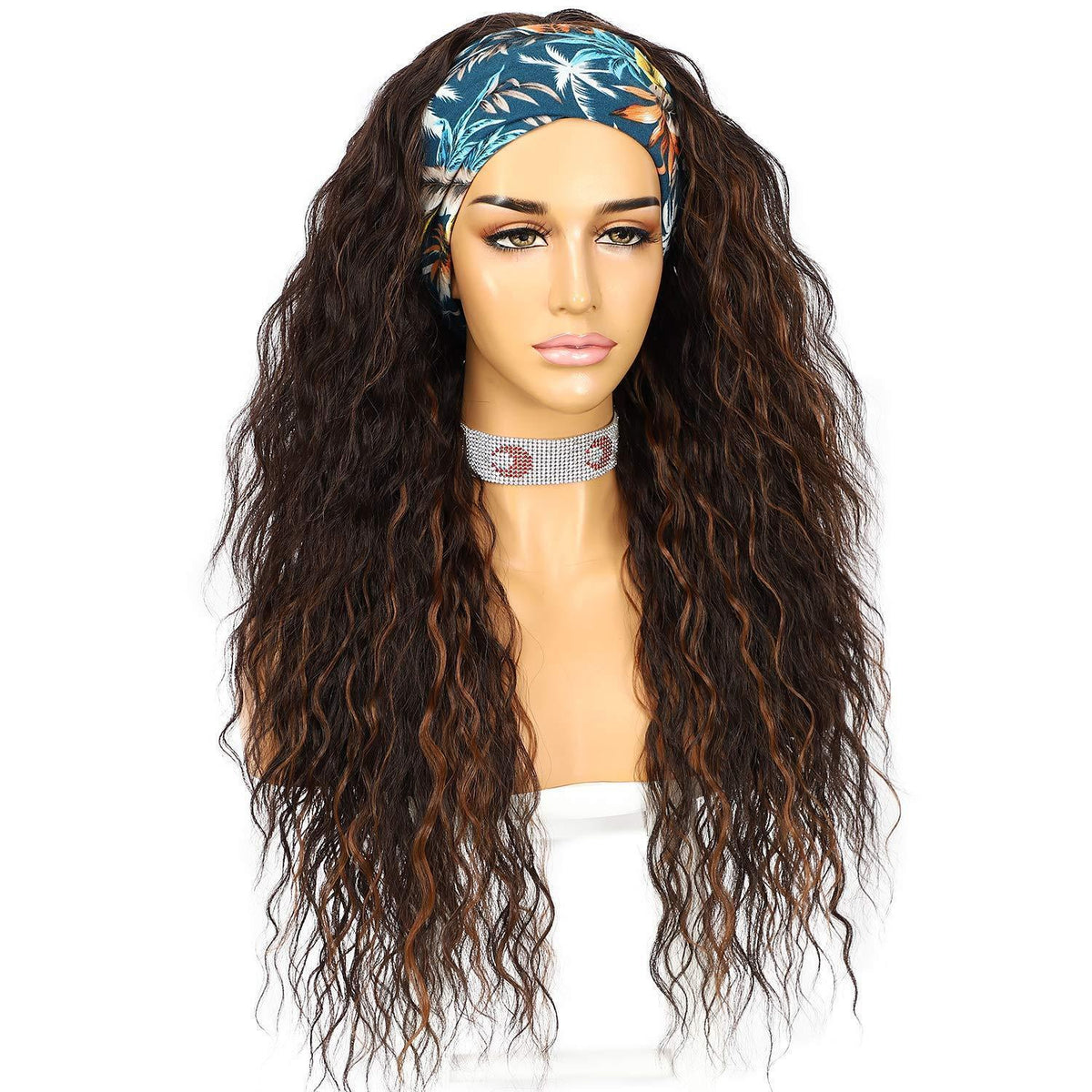 Lockige Stirnband Perücke Braun – Synthetisch, 26 Zoll, Glueless