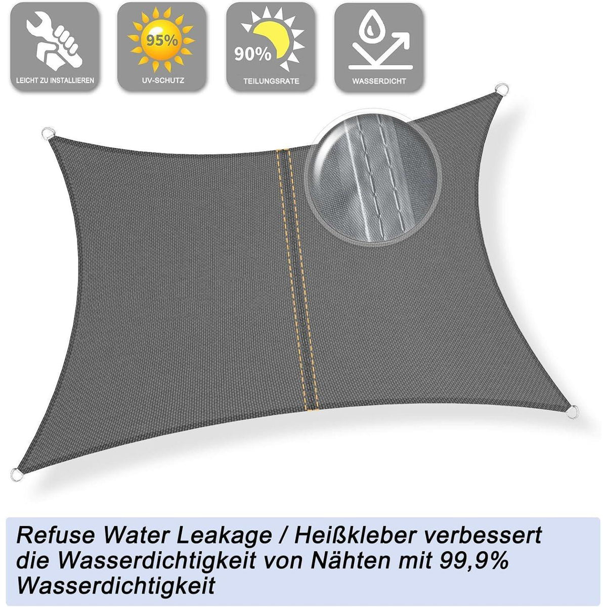 Wasserdichtes Sonnensegel 5x5m Anthrazit mit 95% UV-Schutz