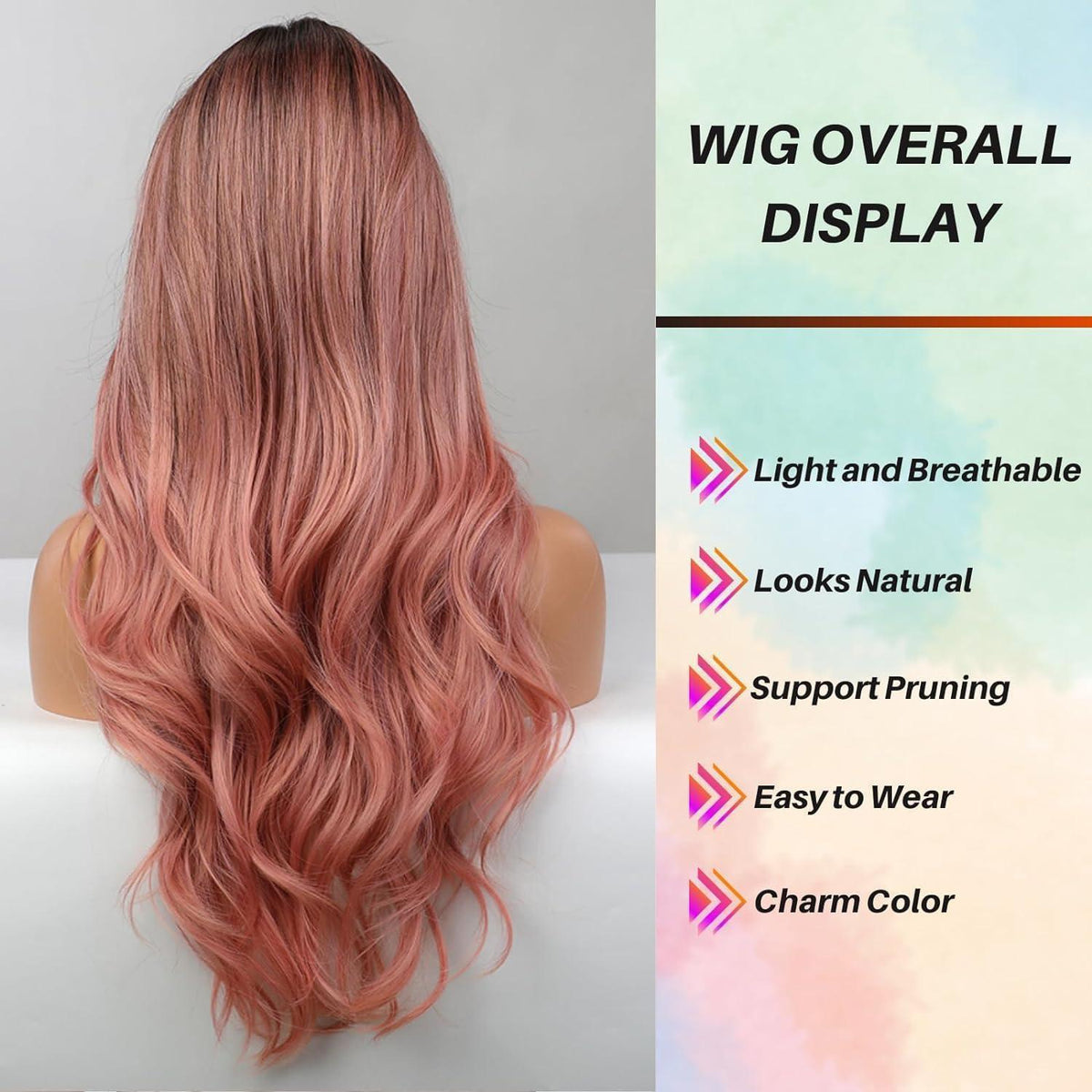 Rosa Ombre Perücke mit Pony – Lange, Wellige Damenperücke