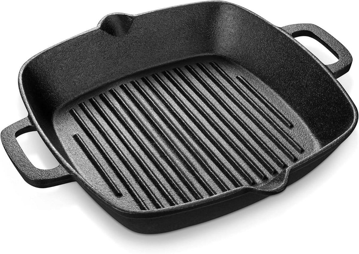 Gusseisen Grillpfanne mit Ausguss und Henkeln, Steakpfanne 32x27,5cm