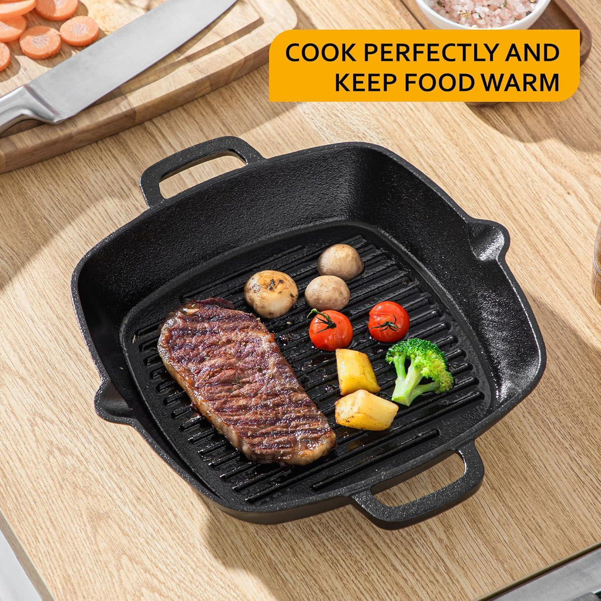 Velaze Grillpfanne Gusseisen 32x27,5 cm Steakpfanne Feuerpfanne Henkeln