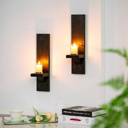 Holz Wandkerzenhalter 2er Set Vintage Schwarz 39 cm - Deko für