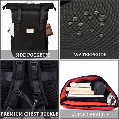 KeKour Laptop Rucksack Damen 12-17 Zoll Schulrucksack Rolltop braun
