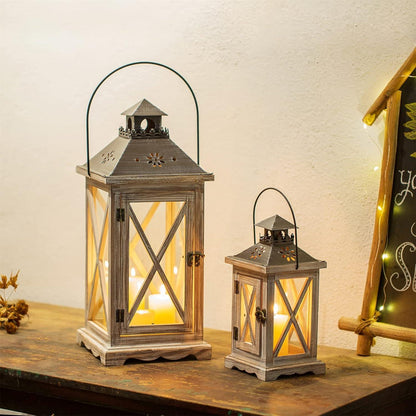 Holz Metall Laterne 48cm Rustikal Bauernhaus Windlicht Hängend Antik Beige